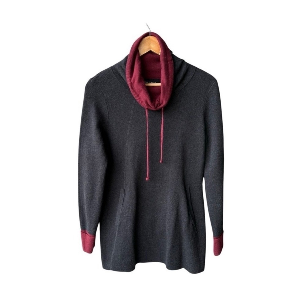 Cynthia Rowley Sweater Tunic Top Charcoal Grey Burgundy Cowl Neck  Medium